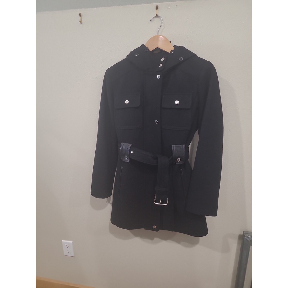 Laundry by Design Women SZ PM Black Wool Belted Hooded Coat contemporary chic